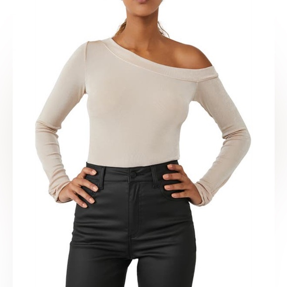 Taupe ‘Thats Hot’ Bodysuit Small Longsleeve White Cream Off Shoulder Free People - Picture 16 of 16